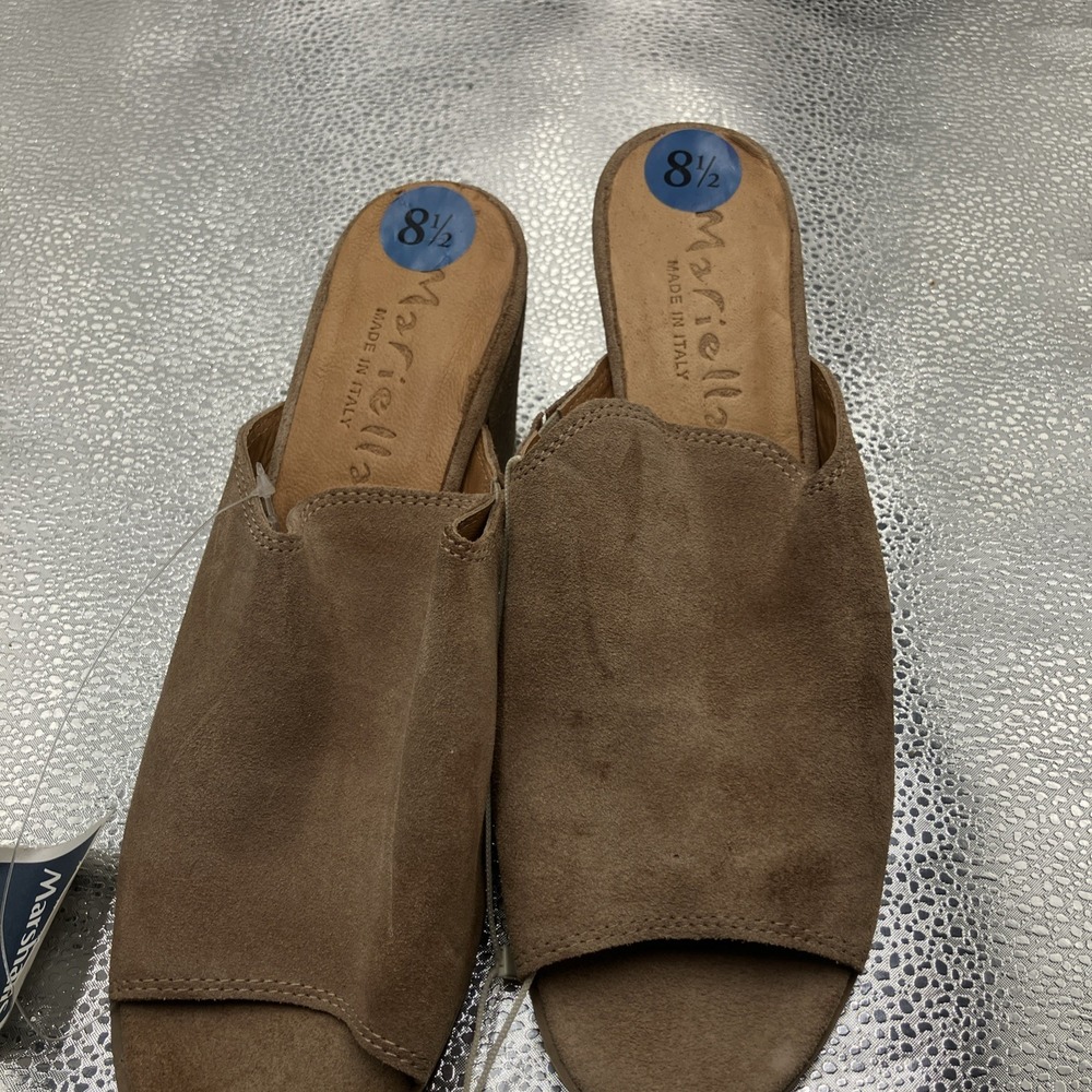 Mariella Sandals Womens 8.5Dress Slide Slip On Brown Suede Chunky Heels Open Toe